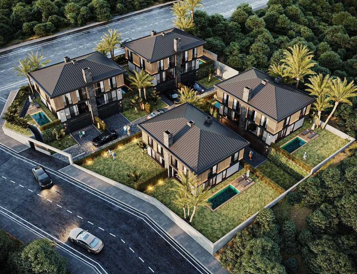 Melekler Vadisi Sitesi, Çavuş, Şile – kuşbakışı: dört villa, özel havuzlar ve bahçeler (3D görselleştirme)