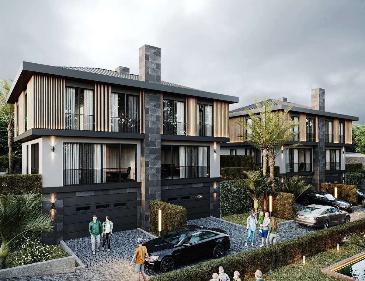 Melekler Vadisi Sitesi, Çavuş, Şile – ahşap lamelli villa ve garaj girişi (3D görselleştirme)