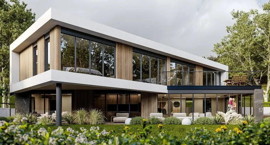 Pivot House, Akçakese, Şile – beyaz bantlı konsol kütle ve teras (3D görselleştirme)
