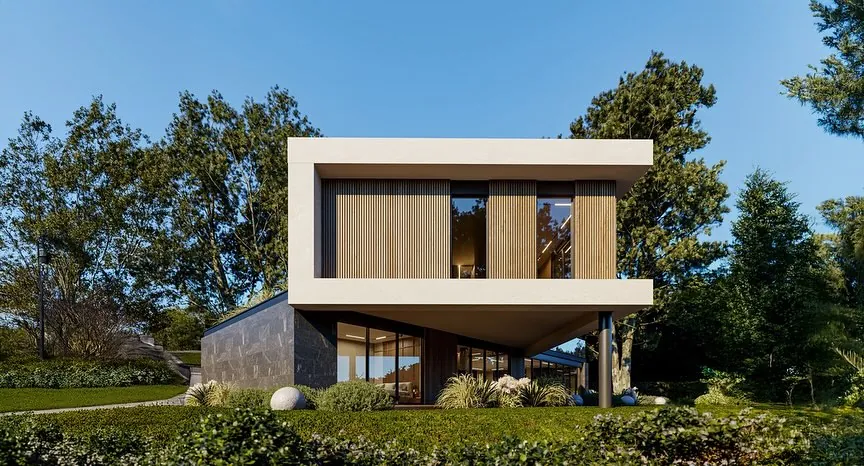 Pivot House, Akçakese, Şile – alt katın üzerinde uzanan ahşap kaplı kütle (3D görselleştirme)