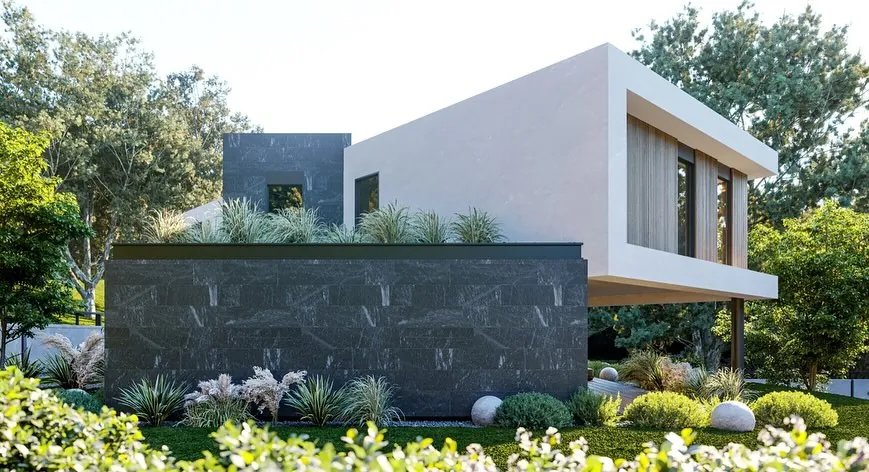 Pivot House, Akçakese, Şile – taş kaide ve beyaz kütle (3D görselleştirme)