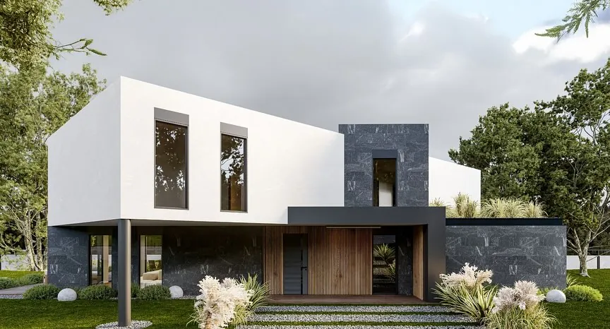 Pivot House, Akçakese, Şile – giriş cephesi: taş kule ve ahşap kapı (3D görselleştirme)