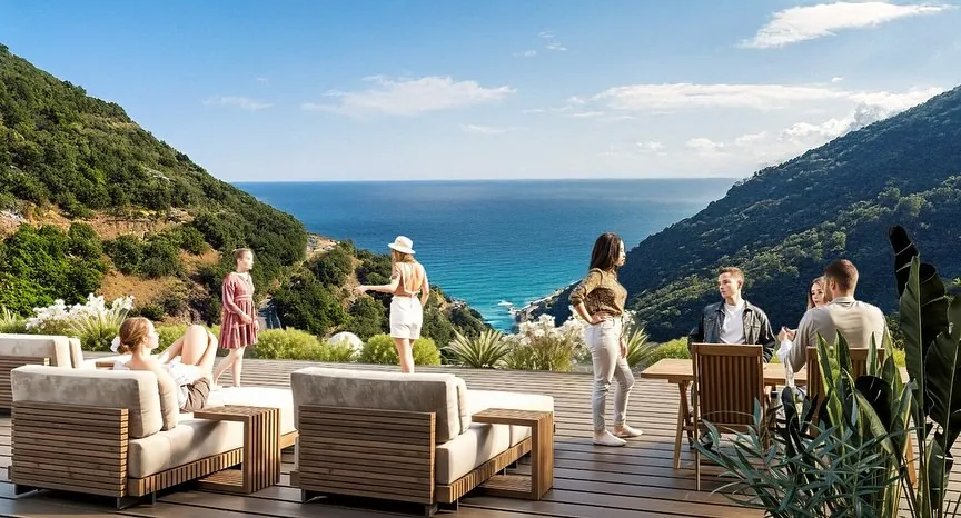 Pivot House, Akçakese, Şile – deniz manzaralı teras (3D görselleştirme)