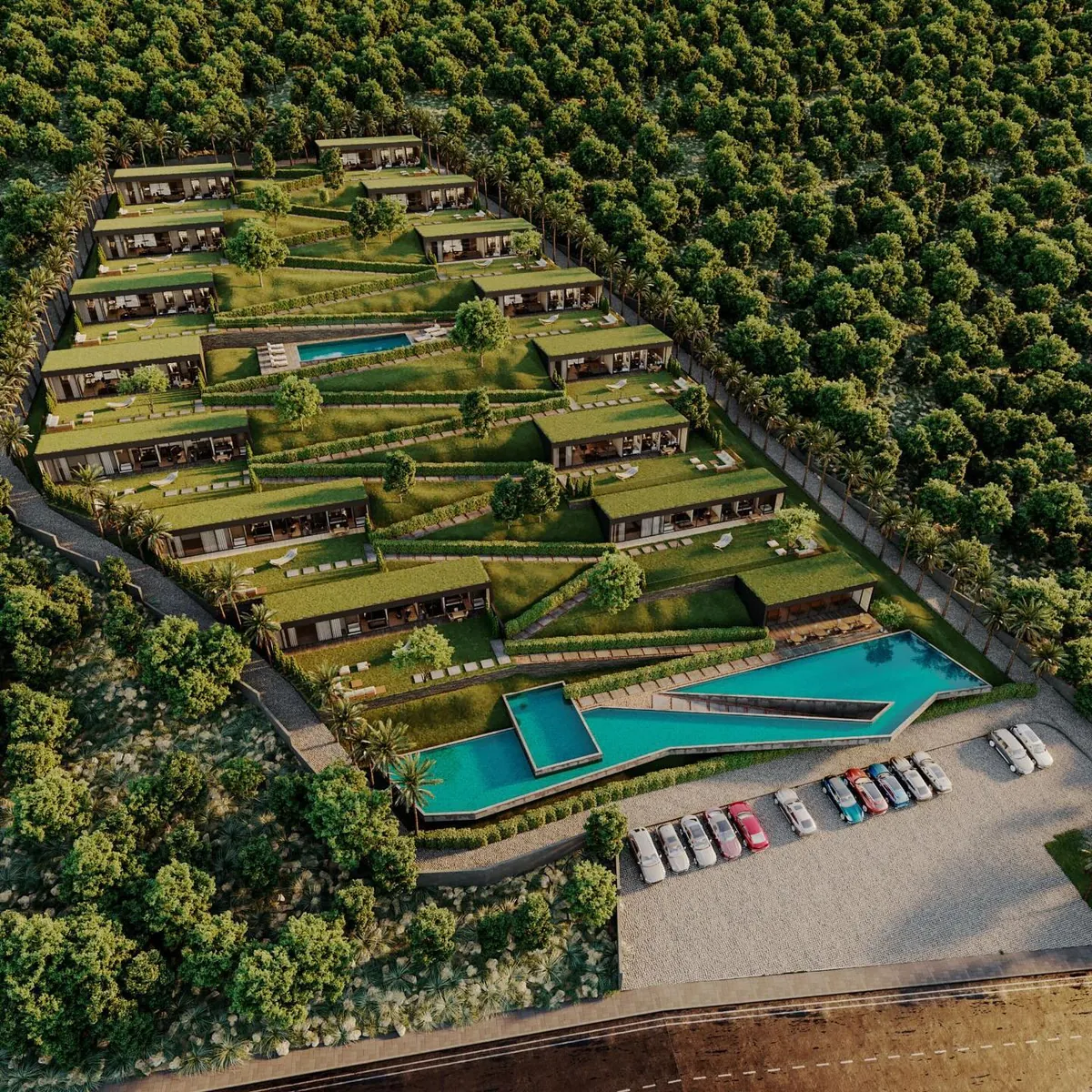 Roots & Roofs, Sortullu, Şile – havadan görünüm: yamaç boyunca kademelenen yeşil çatılı kütleler ve havuz (3D görselleştirme)