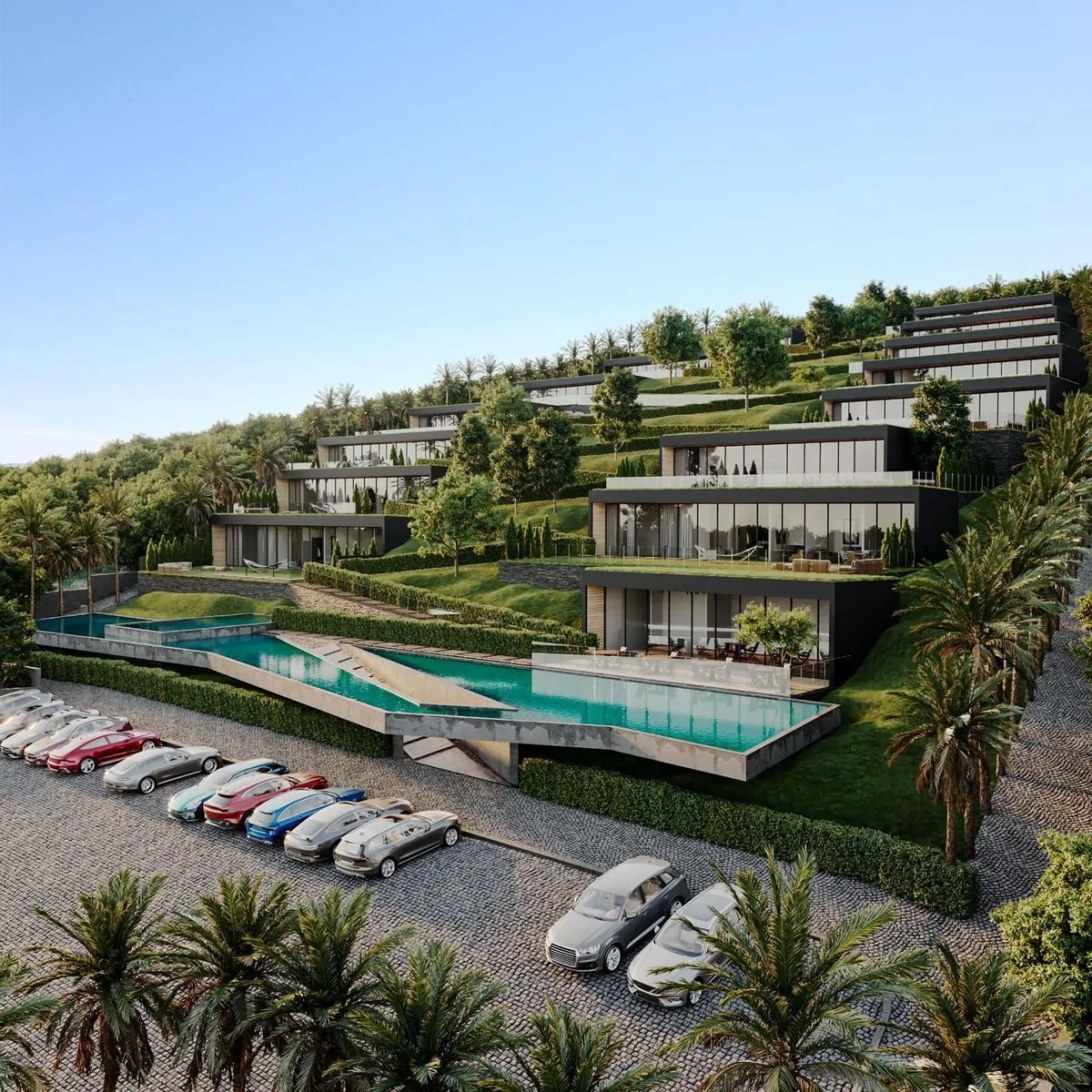 Roots & Roofs, Sortullu, Şile – havuz, otopark ve kademeli kütleler (3D görselleştirme)