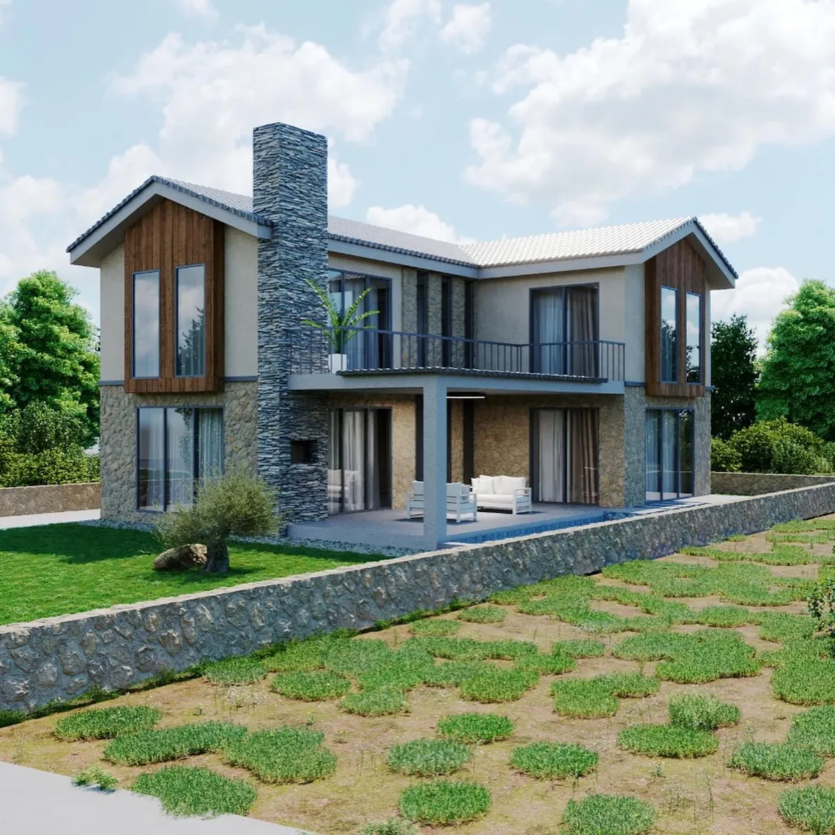 Satmazlı Evi, Satmazlı, Şile – tasarım görselleştirmesi: taş baca, ahşap paneller ve teras (3D görselleştirme)