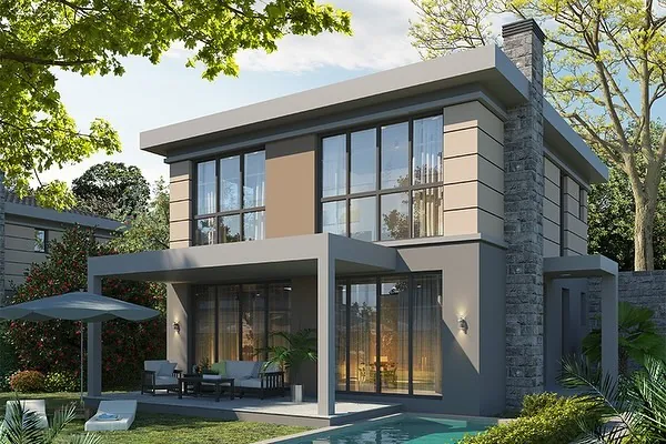 Serenity Sitesi, Çayırbaşı, Şile – villa bahçe cephesi ve pergola (3D görselleştirme)