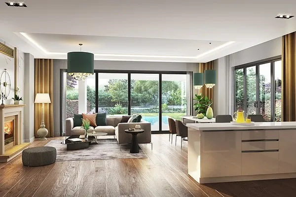 Serenity Sitesi, Çayırbaşı, Şile – iç mekân: şömineli yaşam alanı ve açık mutfak (3D görselleştirme)
