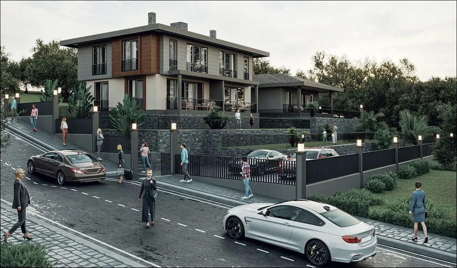 Sofular İkiz Konut ve Müştemilat, Sofular, Şile – sokaktan ikiz konut ve teraslı bahçe (3D görselleştirme)