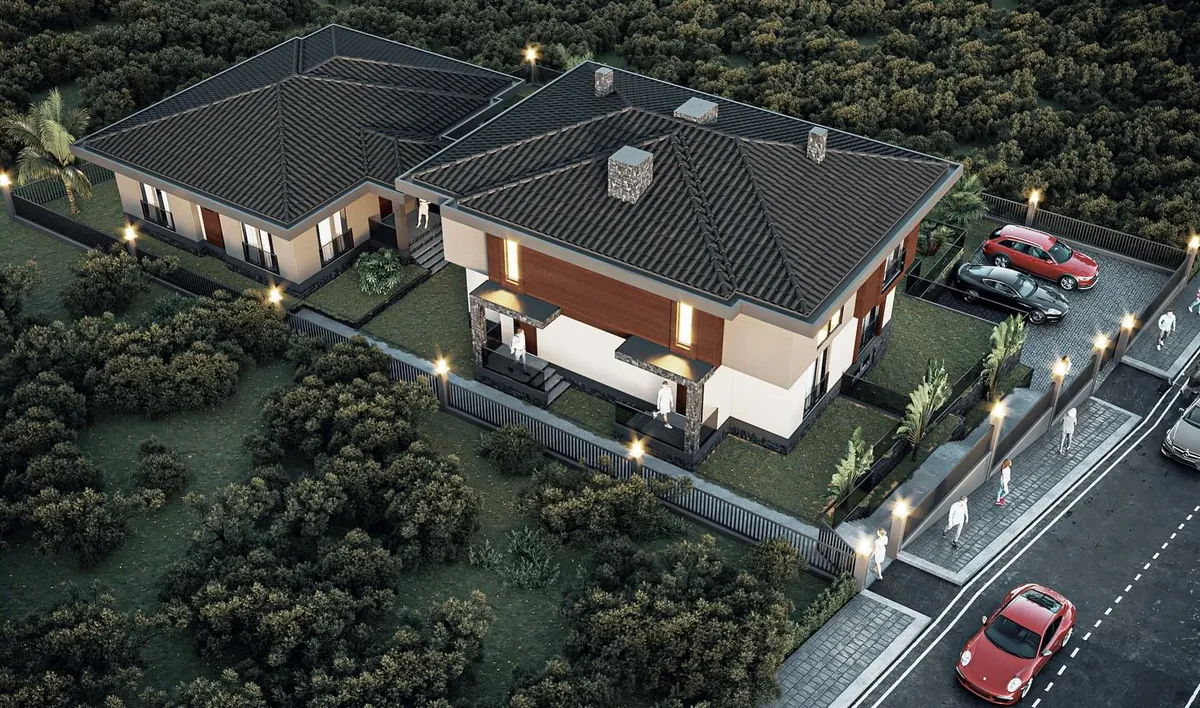 Sofular İkiz Konut ve Müştemilat, Sofular, Şile – kuşbakışı: çatılar ve bahçe düzeni (3D görselleştirme)
