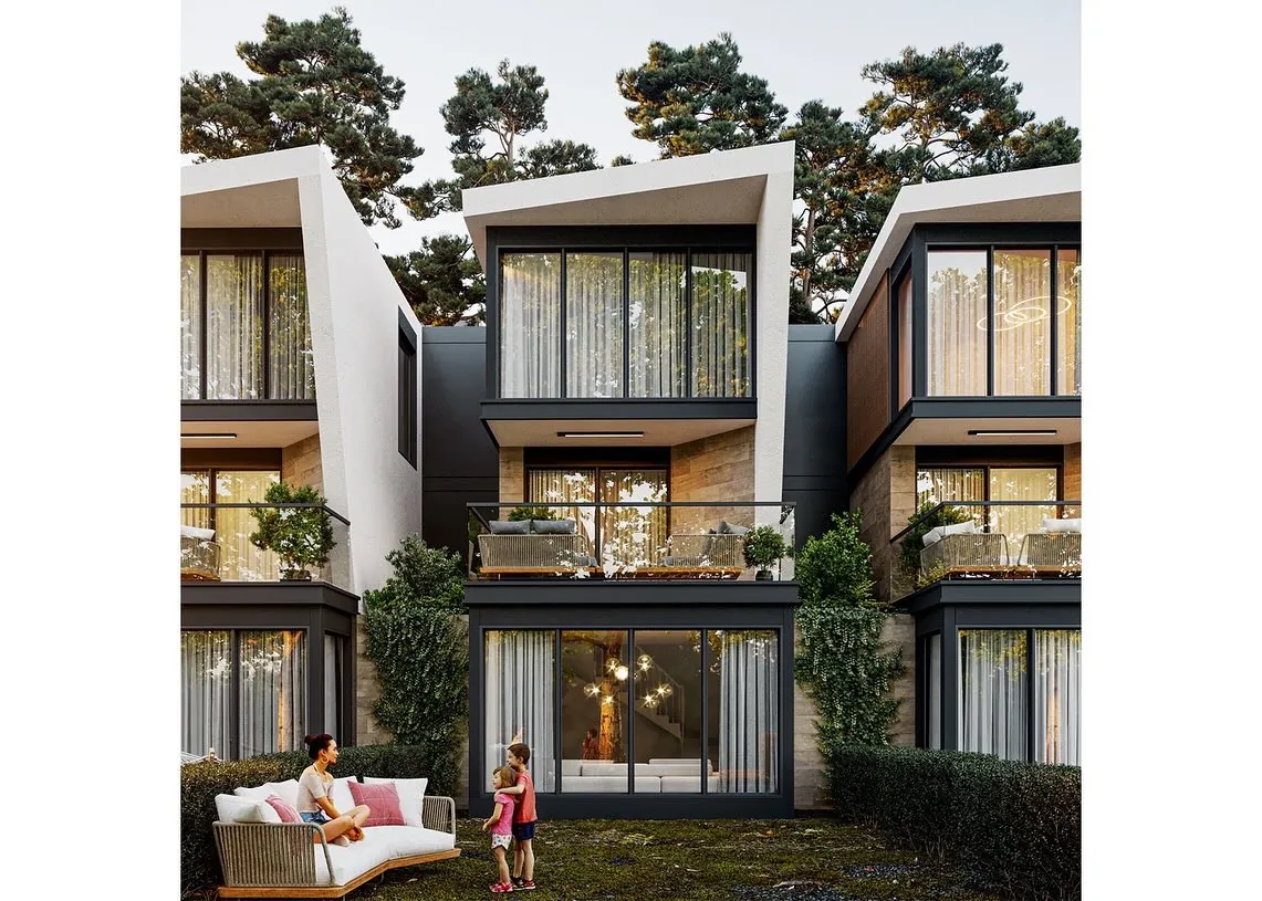 Şuayipli Konutları, Şuayipli, Şile – bahçe cephesi: eğik beyaz çerçeveler ve teraslar (3D görselleştirme)
