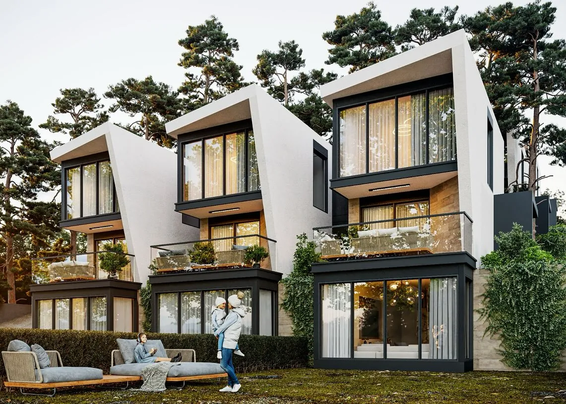 Şuayipli Konutları, Şuayipli, Şile – üç konutun bahçe cephesi (3D görselleştirme)