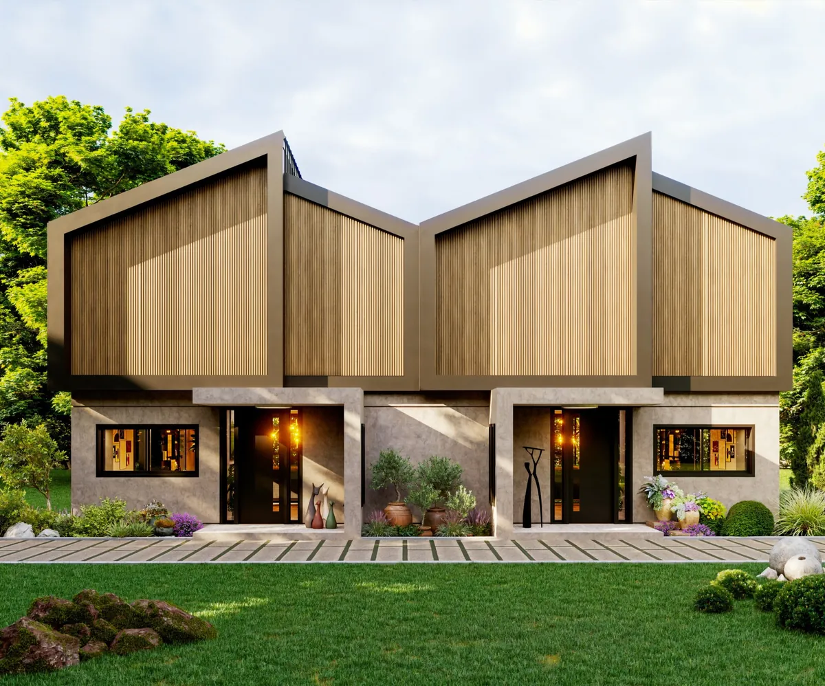 Torasan Evi, Torasan, Urla – giriş cephesi: iki beşik kütle ve iki giriş (3D görselleştirme)
