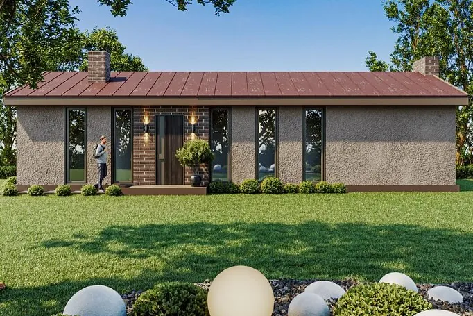 Ulupelit Bahçeli Evler, Ulupelit, Şile – tek katlı ev: tuğla giriş ve metal çatı (3D görselleştirme)