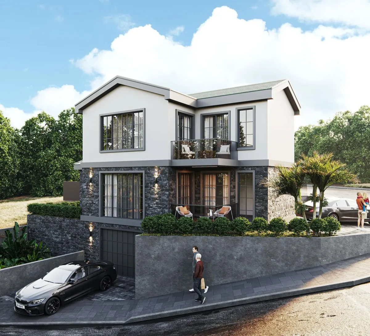 Ulupelit Garajlı Yamaç Evi, Ulupelit, Şile – eğimli sokaktan ev, garaj ve teraslı bahçe (3D görselleştirme)