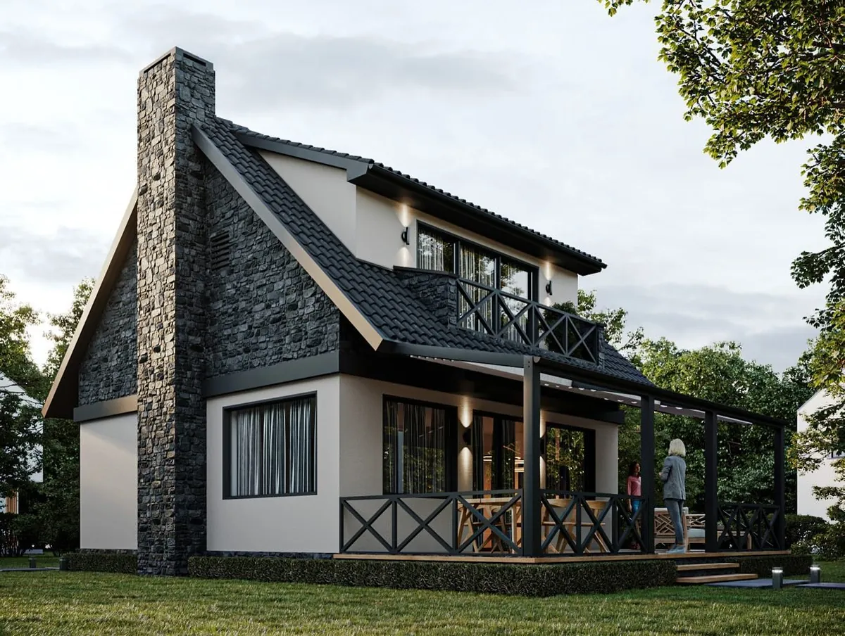 Yaka Evi, Yaka, Şile – taş baca, kapalı veranda ve çatı balkonu (3D görselleştirme)